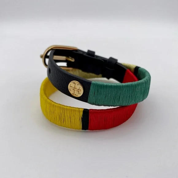 TORY BURCH Multi-Color Double-Wrap Navy Leather Logo Bracelet - Picture 3 of 5